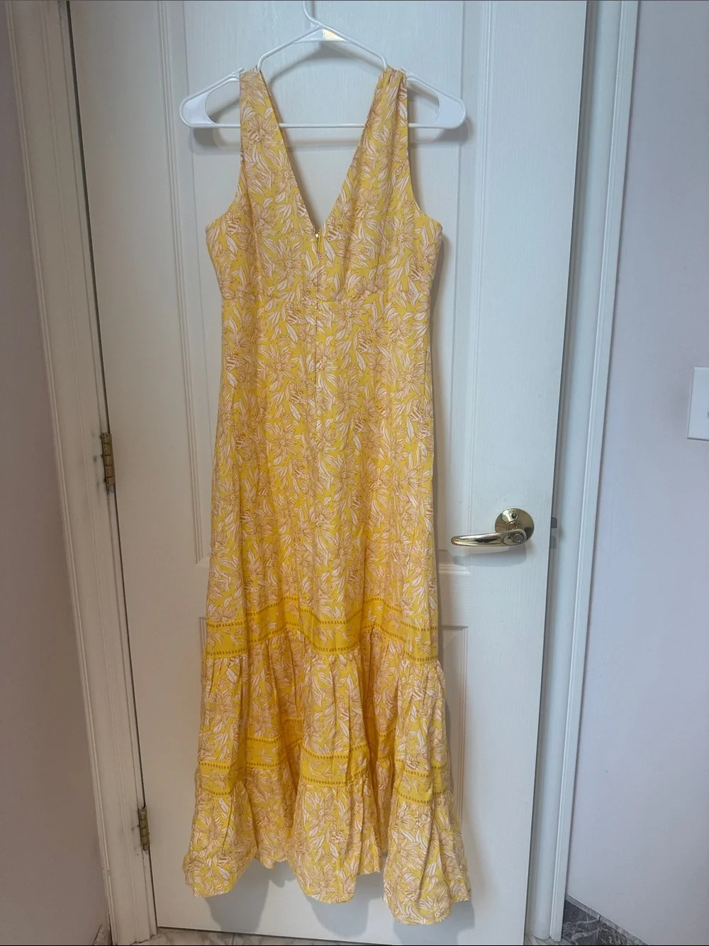 Lilly Pulitzer Yellow Floral V-Neck Tiered Maxi Dress with White Leaf Print